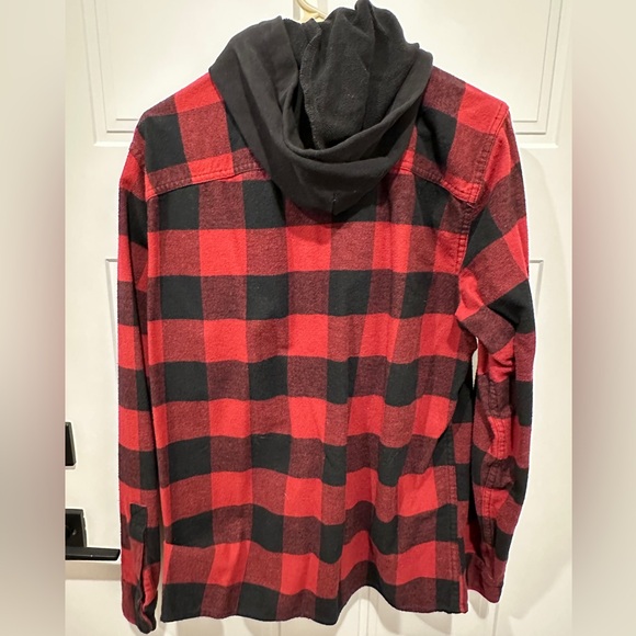 Hollister Red and Black Checkered Plaid Fleece Flannel Men's Hooded Shirt - Picture 5 of 5